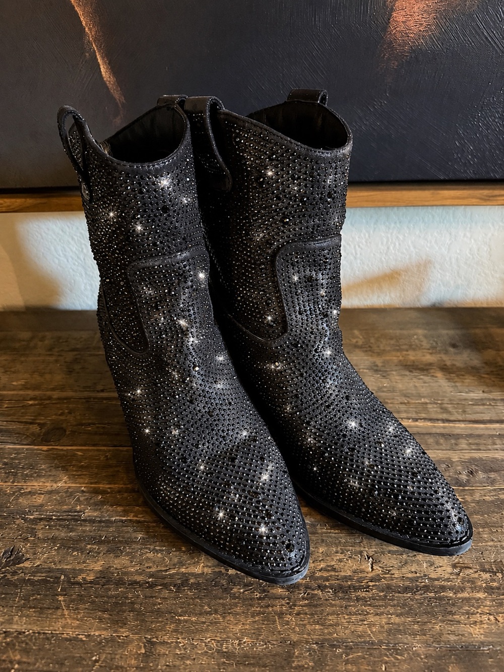 Black Crystal Embellished Women's Western Boots Sz 10